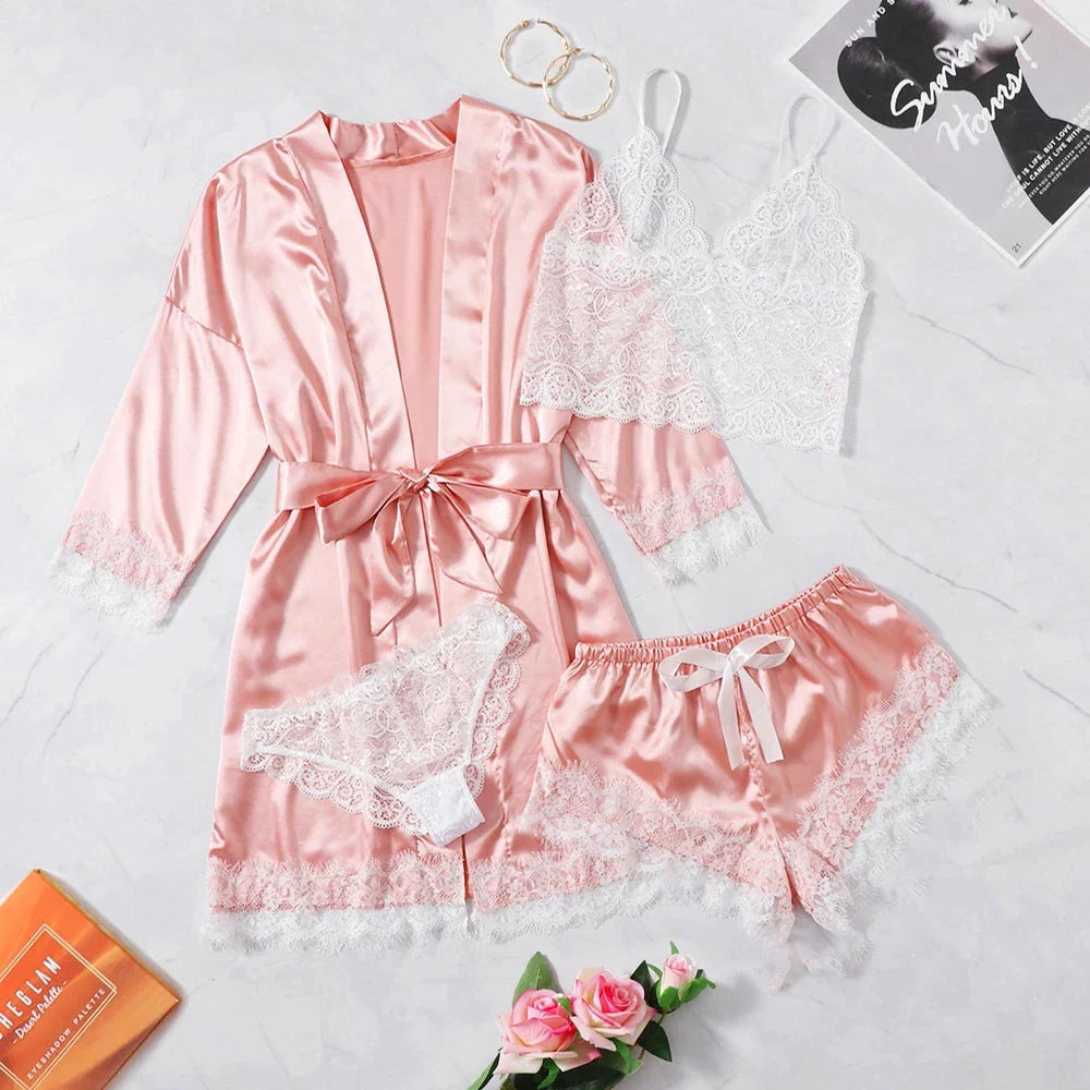 4PCS Women Pajama Suit Fashion V-Neck Stretch Silk Satin Robe Lace Sexy Lingerie Bathrobe Bowknot Pyjamas Shorts Set Sleepwear