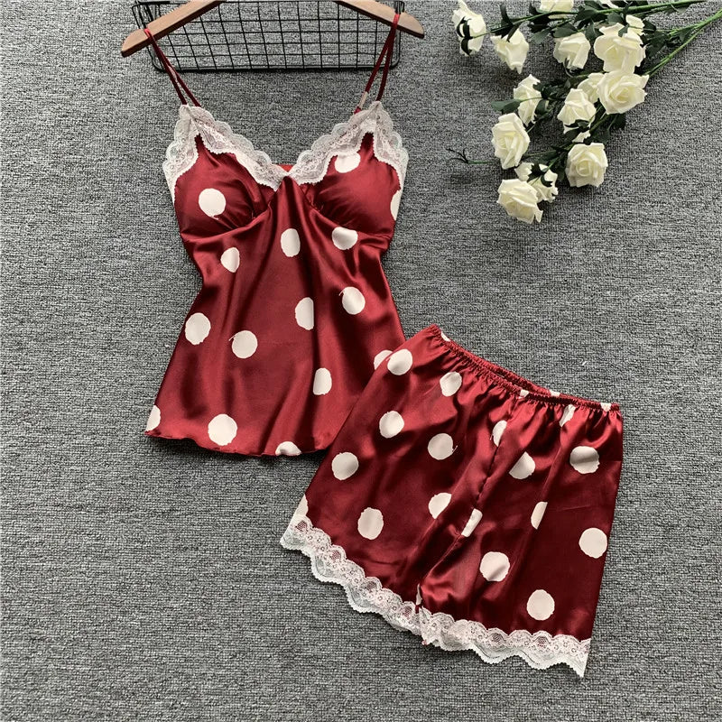 Polka Dot Print Satin & Lace Cami Shorts Set with Built-in Soft Padded – Top-Rated Women&