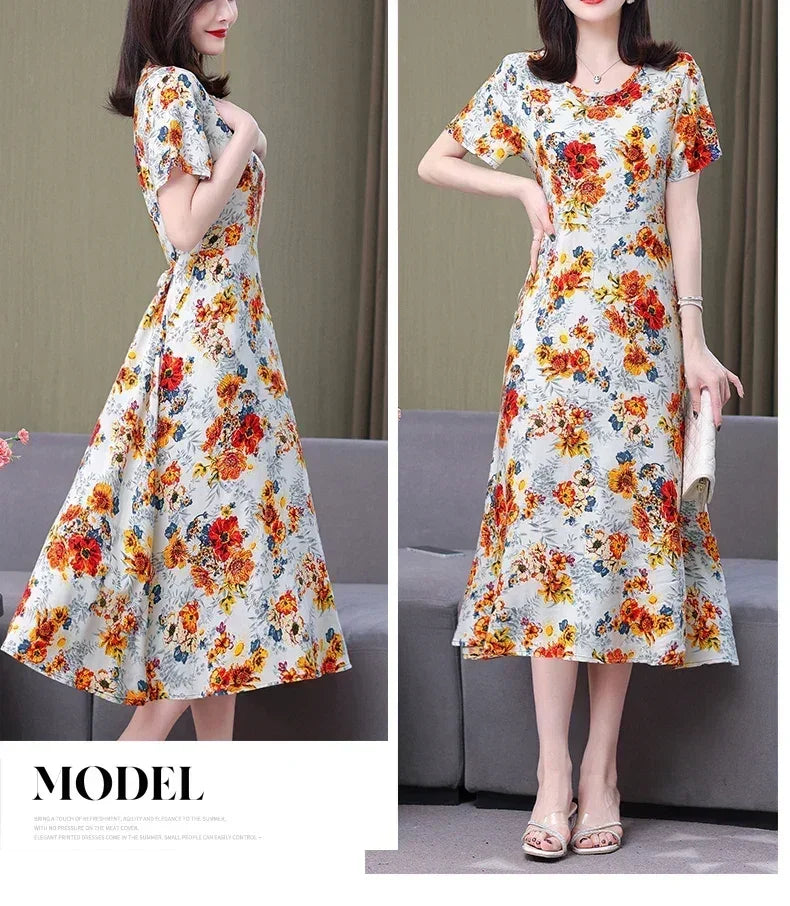 New Fashion Casual 2024 Summer Elegant Dresses For Women O-Neck Print Vintage Short Sleeve Dress Loose Women Clothing