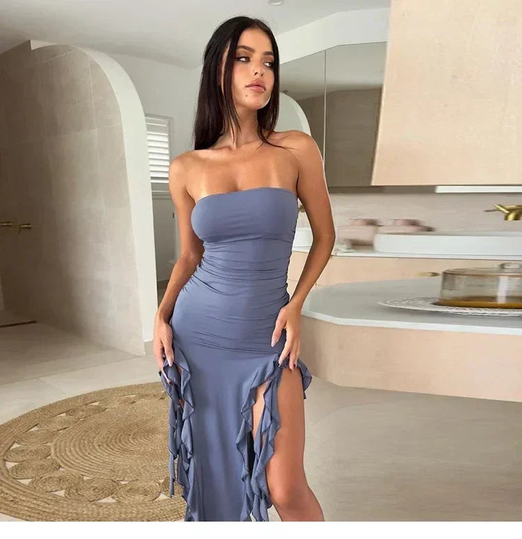 Cryptographic Irregular Ruffle Off Shoulder Sexy Backless Midi Dress for Women Elegant Birthday Vestido Summer Sundresses Ruched