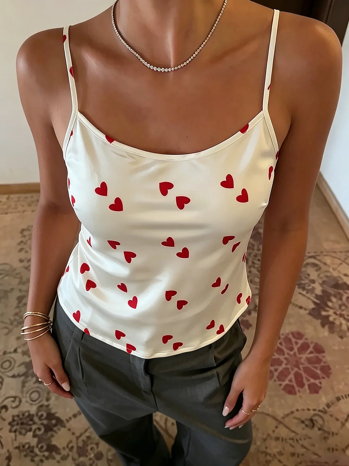 New Women Satin Top Heart Print Camisole Slim Fit Sleeveless Crop Top Elegant Ladies Pajama for Different Occasions