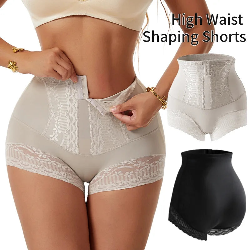 Women High Waist Hook‑and‑Eye Shapewear Shorts Tummy Control Butt Lifter Lace Hem Body Shaper Underwear For Women