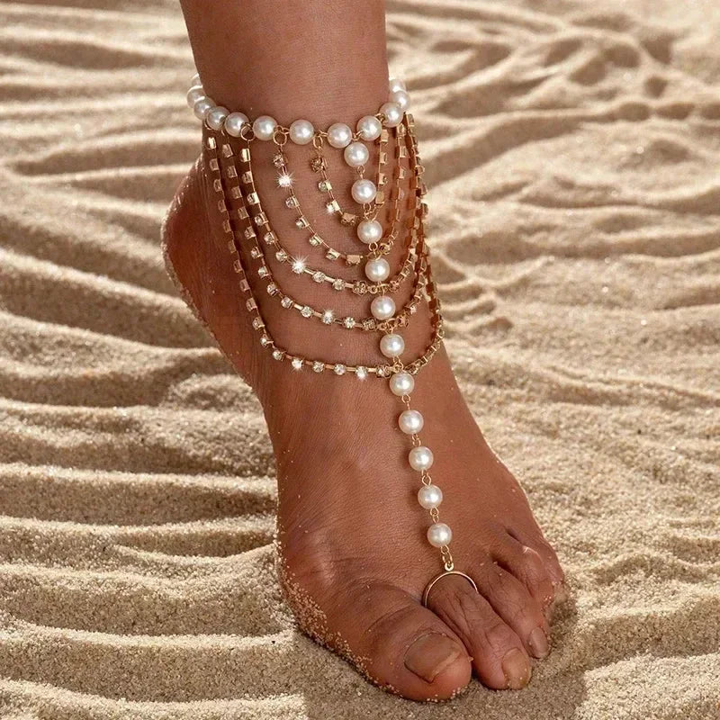 Boho Beaded Anklet for Women - Summer Beach Toe Bracelet, 22+5cm