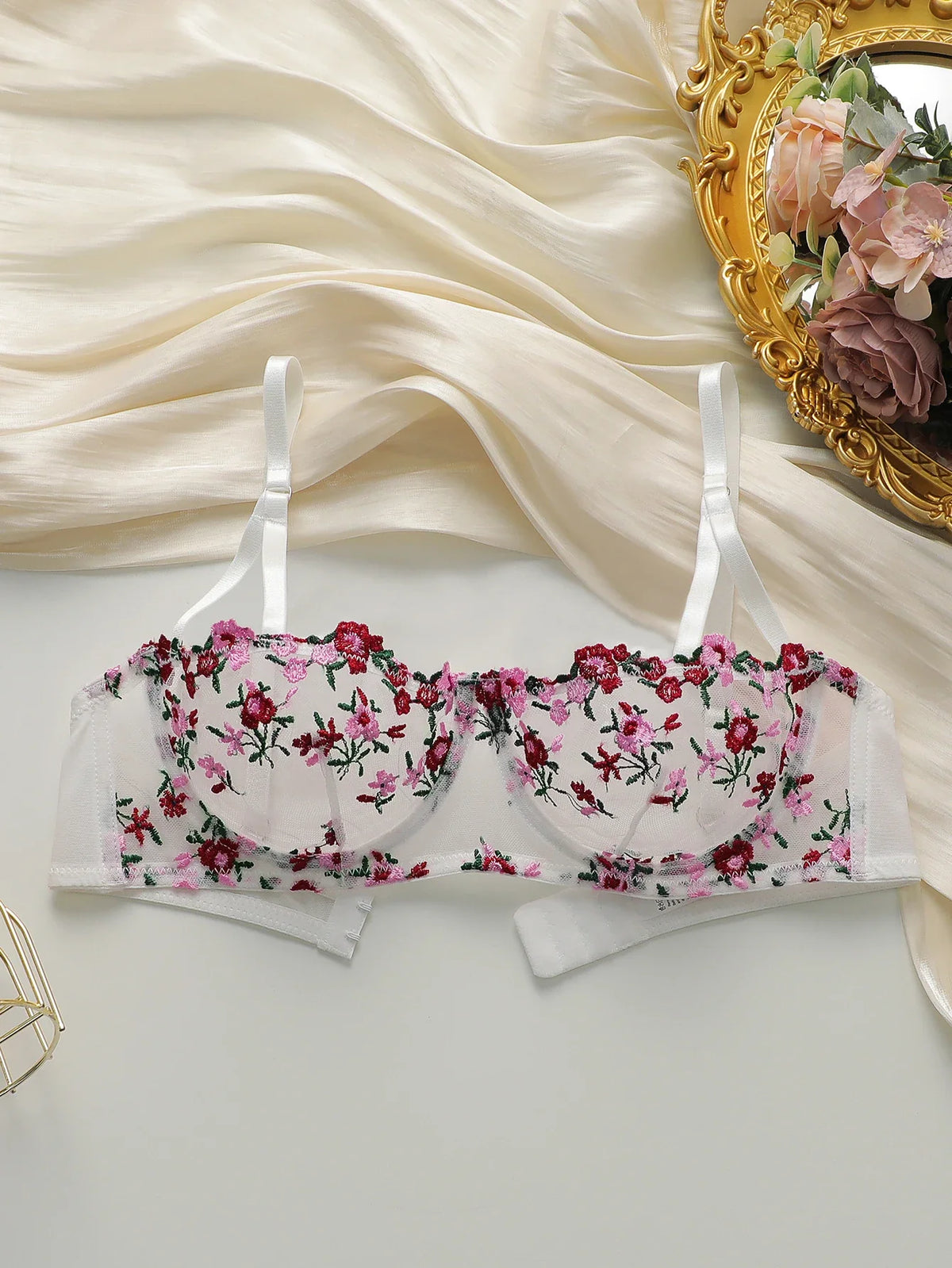 Beautiful flower embroidered bra, transparent sexy underwear with adjustable shoulder straps MR2956