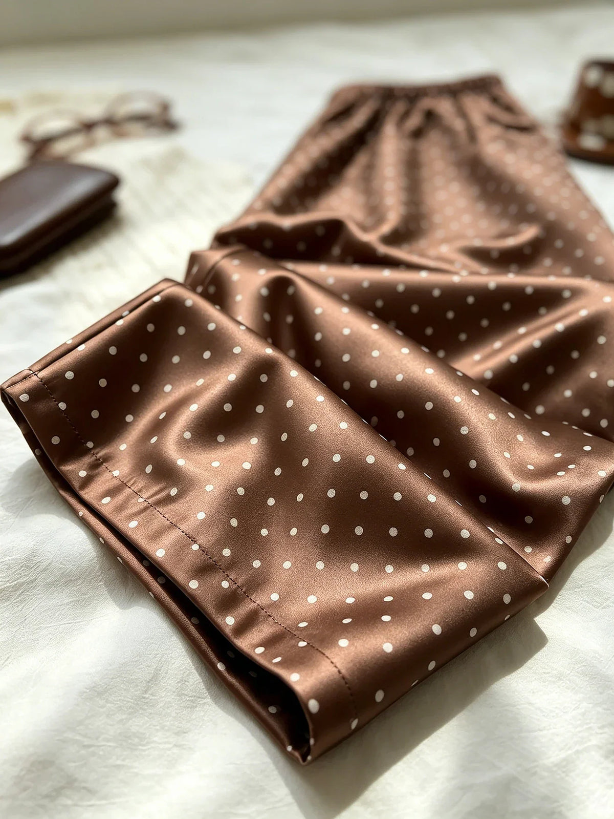 Women Satin Pajama Pants Polka Dot Elastic Waist Loose Long Sleep Bottoms Casual Loungewear Trousers For Home Wear