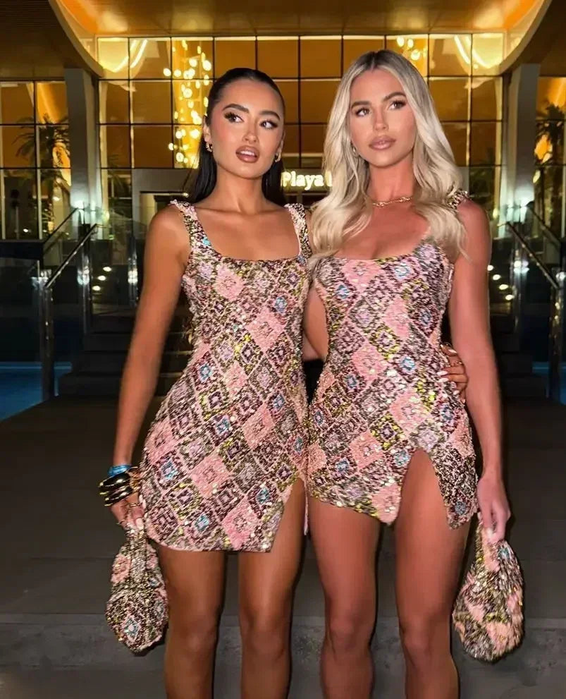 Colorful Rhombus Sequins Sexy Mini Dress Elegant Chic Straps Slit Bodycon Party Dresses Summer Holidays Evening Women Dress 2025