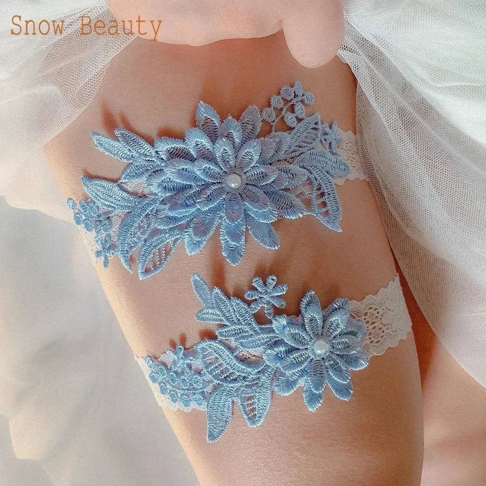 K03 2 PCS Sexy Lace Flower Crystal Pearls Wedding Garter Belt Thigh Ring Bridal Leg Garter Stocking Garter Belt Girl Women