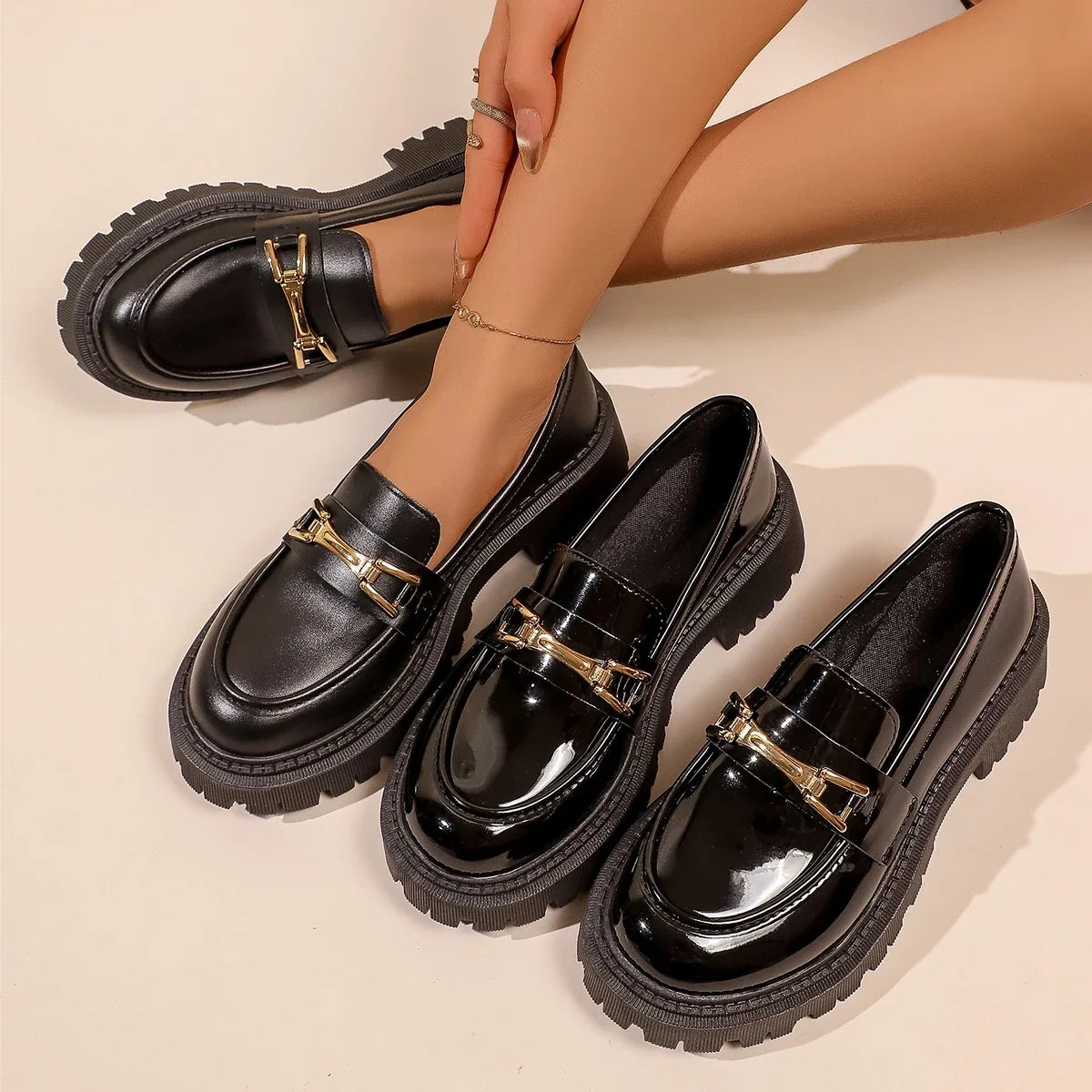 Ladies Metal Buckle Decor Chunky Loafers Round‑Toe Slip‑On Lug‑Sole PU Leather Comfortable All‑Match Business Walking Footwear