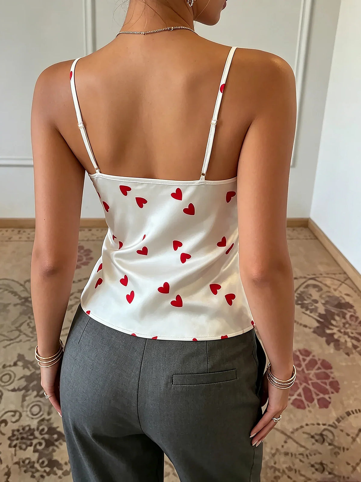 New Women Satin Top Heart Print Camisole Slim Fit Sleeveless Crop Top Elegant Ladies Pajama for Different Occasions