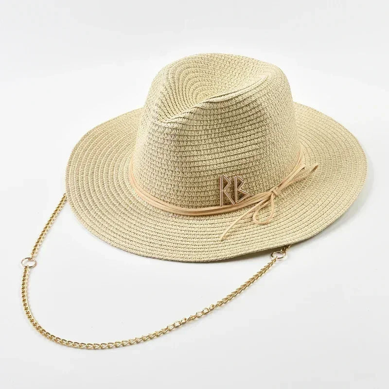 Fashionable Metal RB Letter Straw Hats for Women Men Summer Panaman Jazz Hat Outdoor Holidays Beach Sun Hat