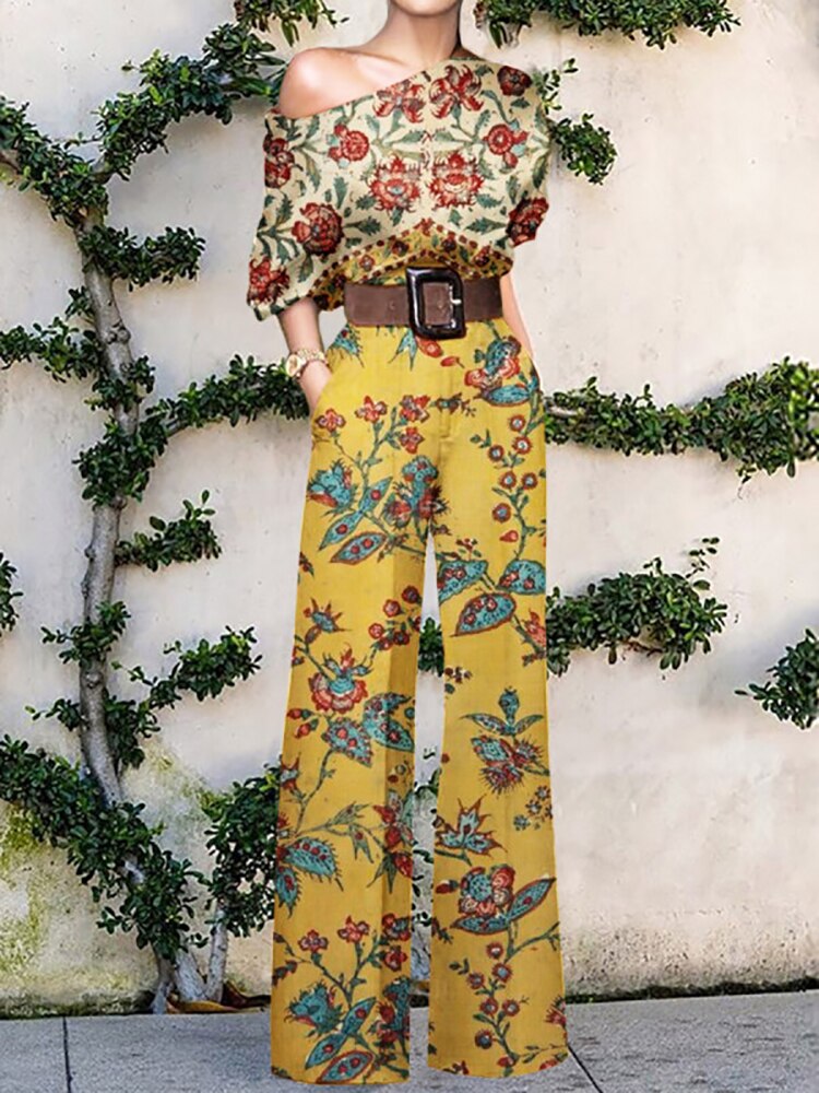 2022 Summer Pattern Print Jumpsuit Off Shoulder Romper Women Wide Leg Pant Playsuit