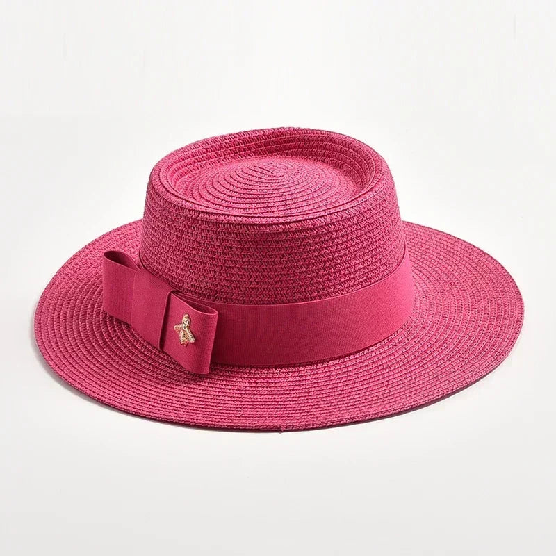 NEW Spring Summer Straw Hats for Women Round Bumpy Surface Flat Top Bowknot Dress Cap Travel Beach Sun Hat Gorra