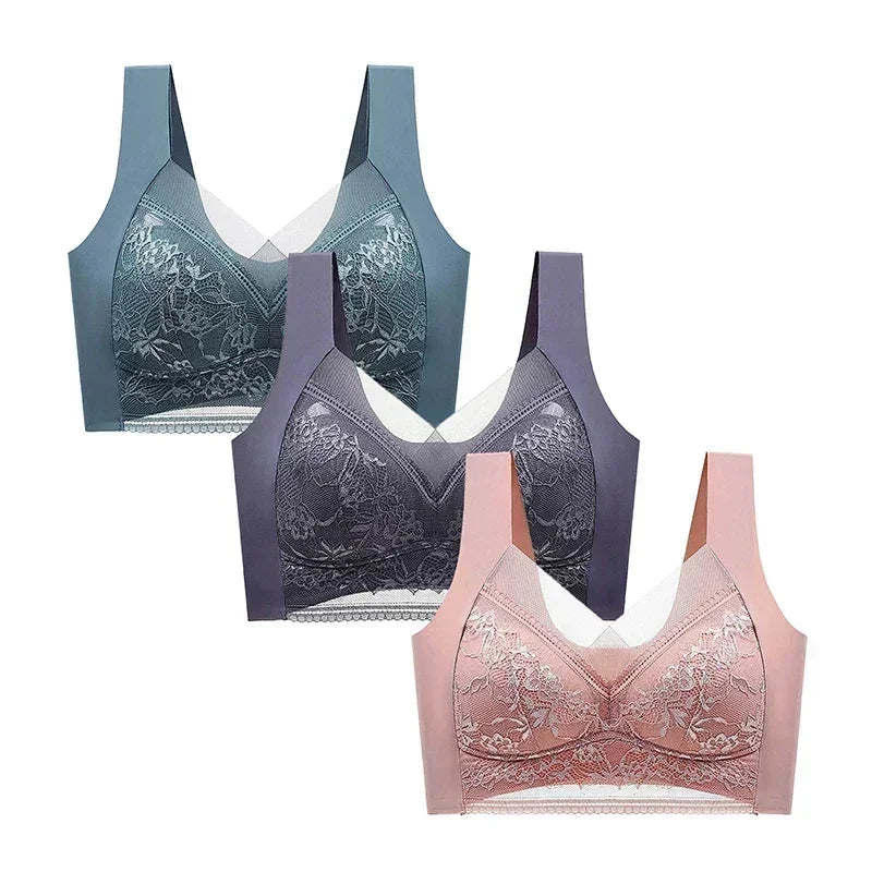 FallSweet 3PCS Lace Push Up Bras for Women Sexy Wireless Bra Ice Silk Deep V Bralette Tops Female Lingerie Mom&
