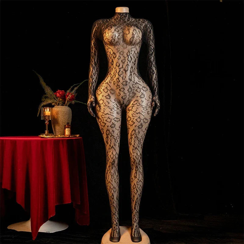 Hot Sexy Lingerie Erotic Crotchless Women Mesh Hollow Bodystockings Full Sleeve Leopard Sling Hanging Neck Underwear Body Suits