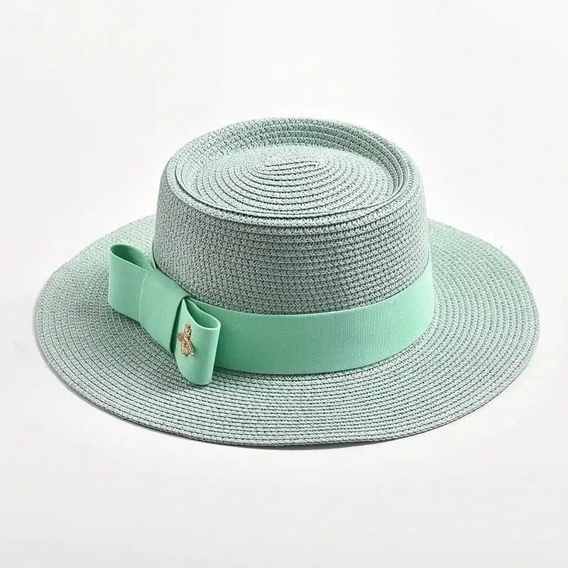 NEW Spring Summer Straw Hats for Women Round Bumpy Surface Flat Top Bowknot Dress Cap Travel Beach Sun Hat Gorra