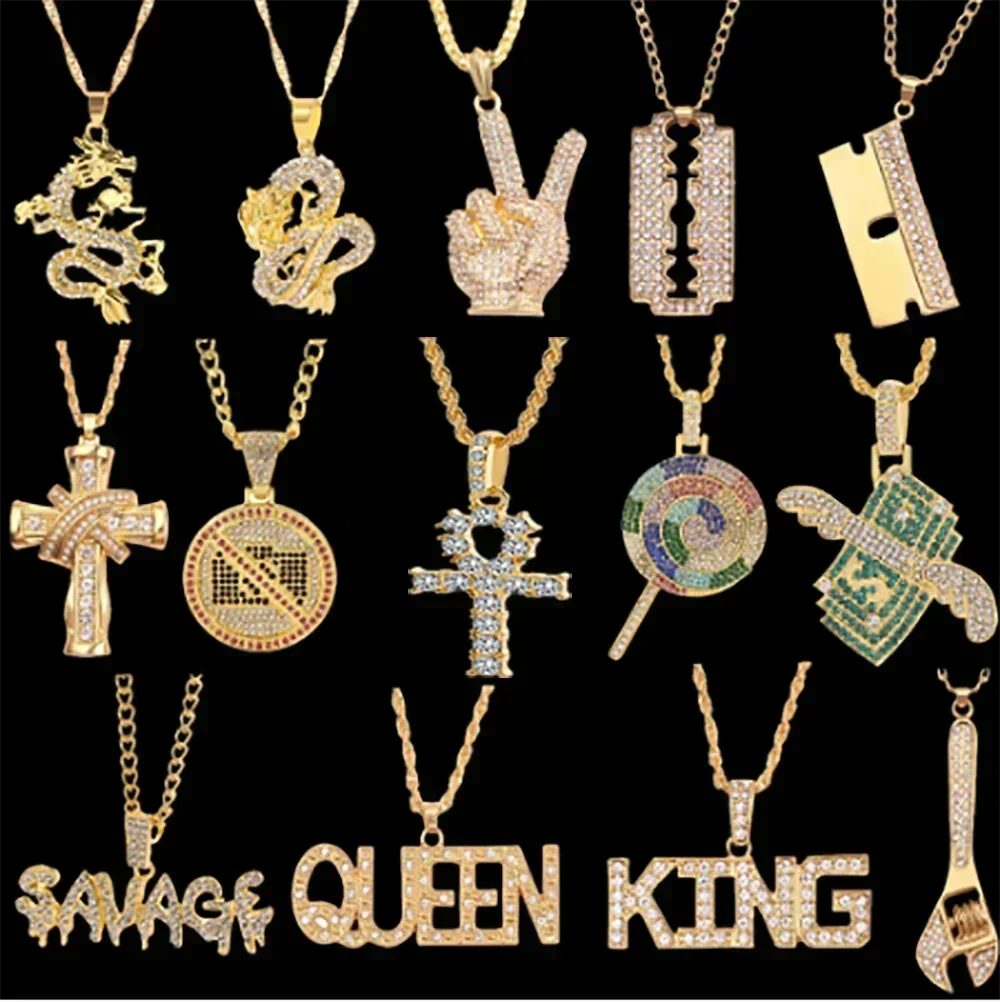 Men Hip Hop Full Rhinestone King Queen Pendants Necklaces Bling Bling Iced Out Cuban Link Chain Hiphop Necklace Men Jewelry Gift