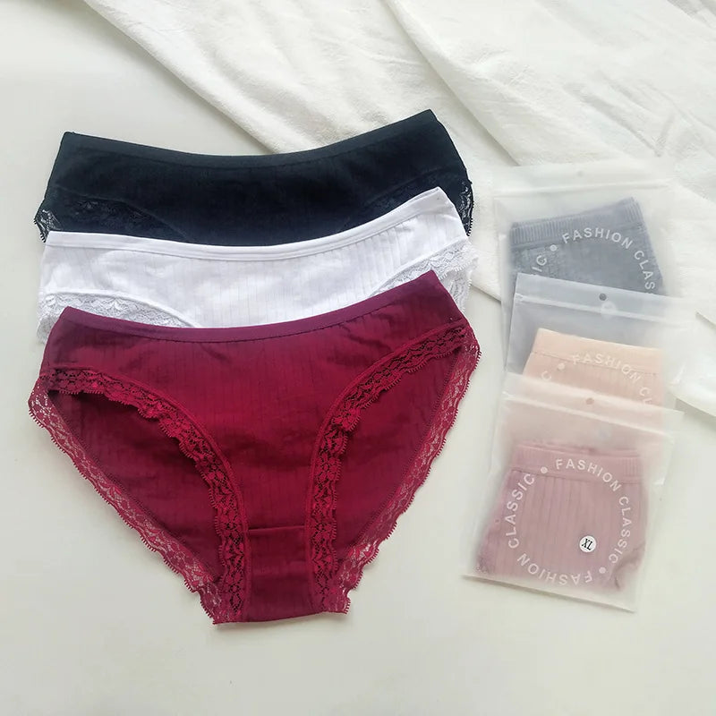 3Pcs/Set Cotton Panties Women Lace Trim Briefs Female Underpants Solid Color Soft Underwear Sexy Lingerie Intimates M-XL