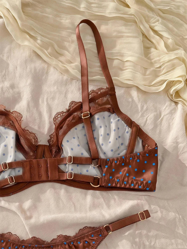 French Retro Brown Satin Lingerie Set Polka Dot Lace Splicing Women&