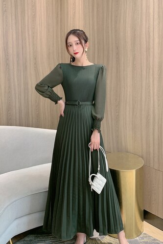 O-neck Long Sleeve A-line Dress Office Lady Pleated Maxi Dress