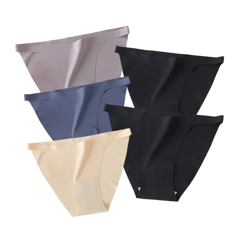 5Pcs/Set Women Seamless Briefs Ice Silk Panties Sexy Low Waist Underwear Female Underpants Solid Color Lingerie M-XL