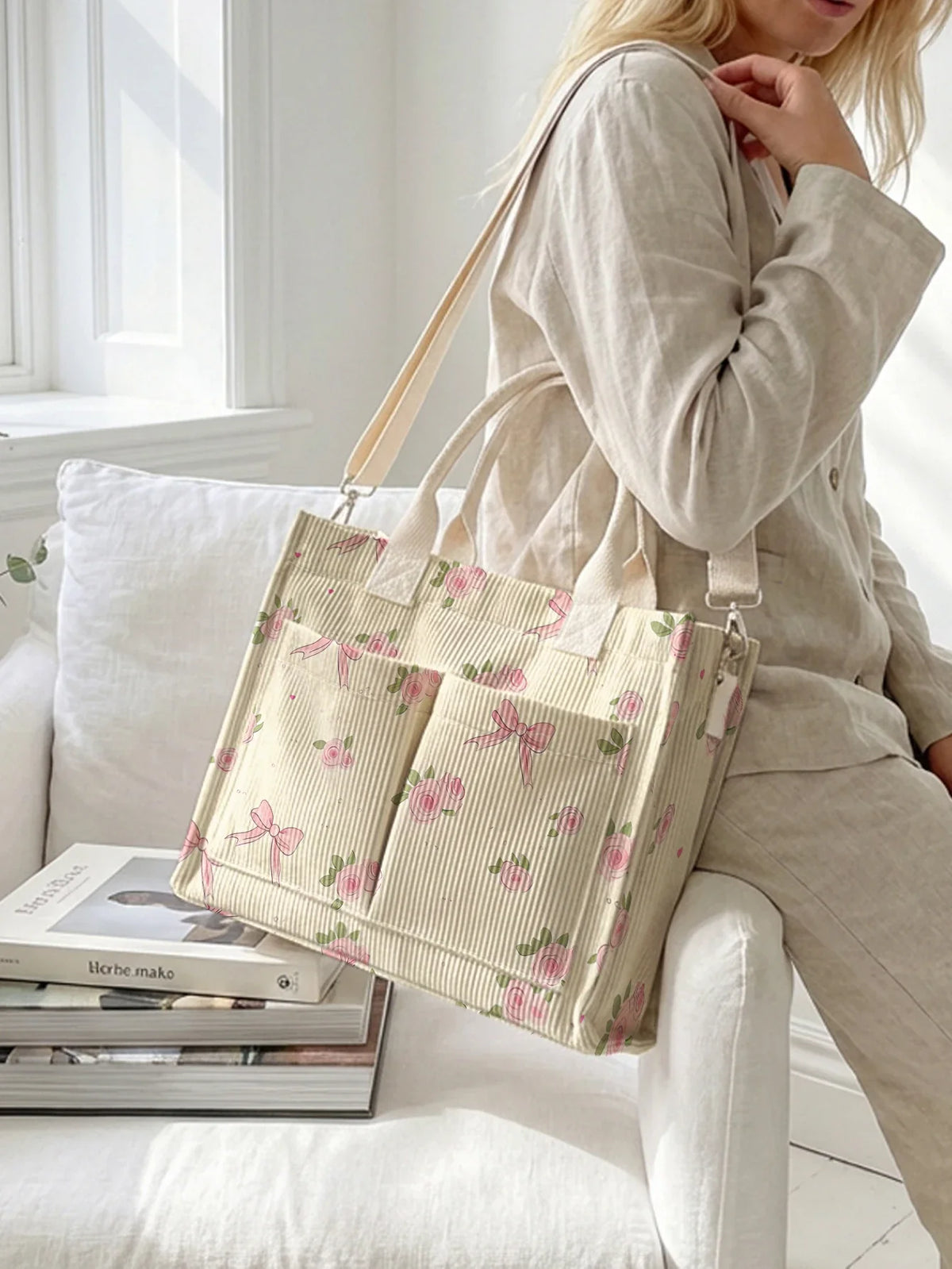 Corduroy Tote Bag Pink Rose Bow Print Large Capacity With Multiple Pockets For Commuter Or Everyday Use