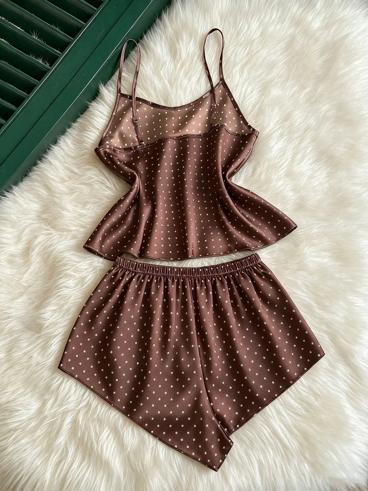 New Fashion Women Polka Dot Print Satin 2Pcs Pajama Set Elegant Round Neck Top Elastic Waist Shorts Ladies Home Sleepwear
