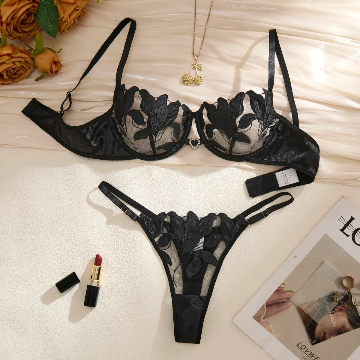 Black Lily Embroidered Bra Set - Satin Edged Transparent Mesh Adjustable Shoulder Strap Sexy Thong Set ZA824031