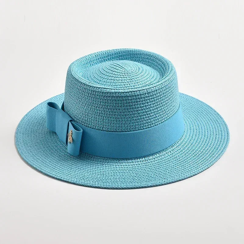NEW Spring Summer Straw Hats for Women Round Bumpy Surface Flat Top Bowknot Dress Cap Travel Beach Sun Hat Gorra