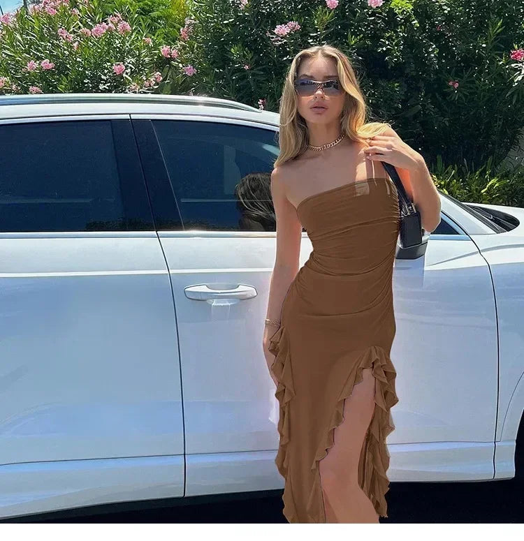 Cryptographic Irregular Ruffle Off Shoulder Sexy Backless Midi Dress for Women Elegant Birthday Vestido Summer Sundresses Ruched