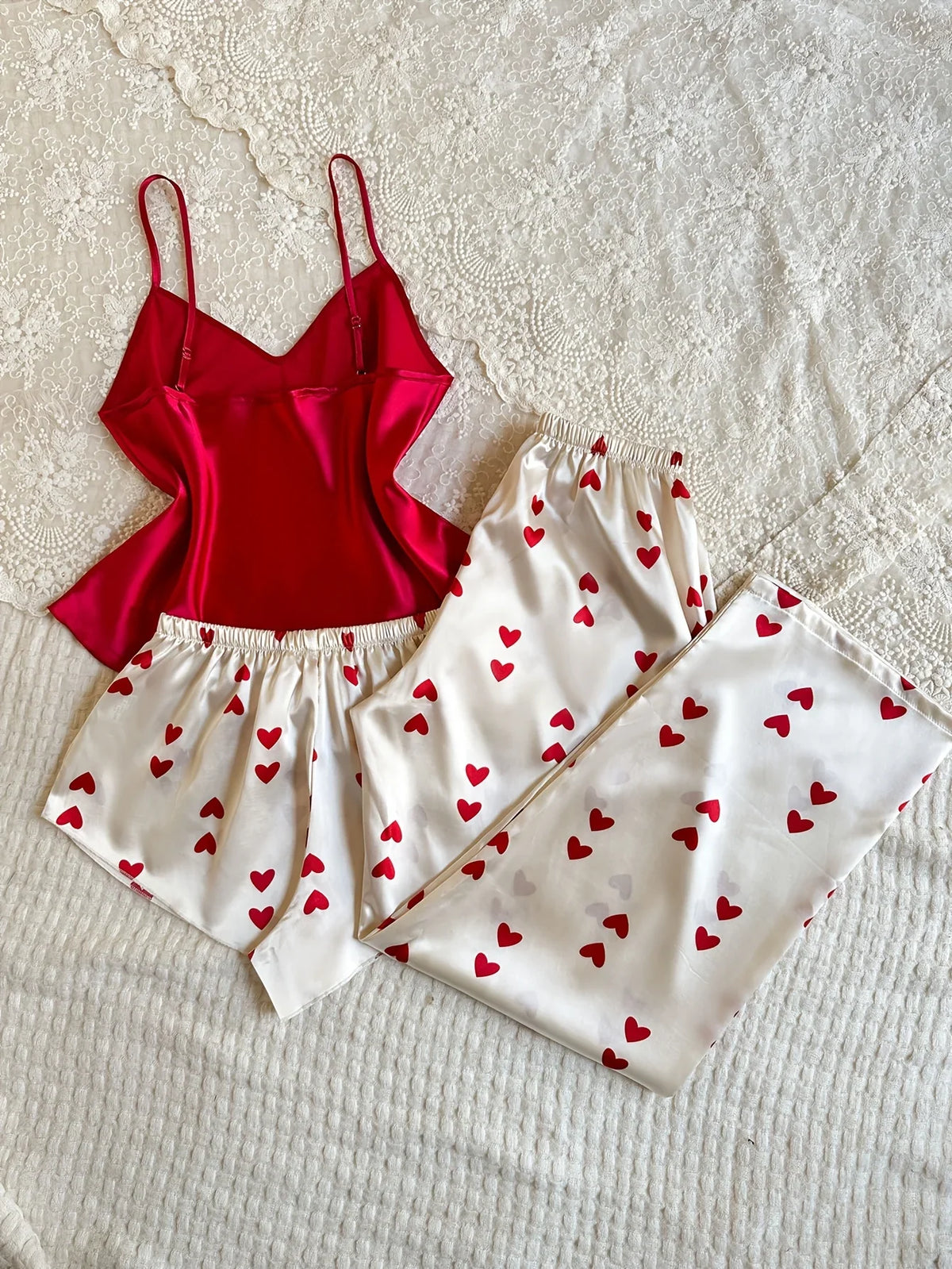Women 3 Piece Heart Print Pajama Set Solid Color V Neck Top with Shorts Long Pants Romantic Dashion Ladies Sleepwear Loungewear