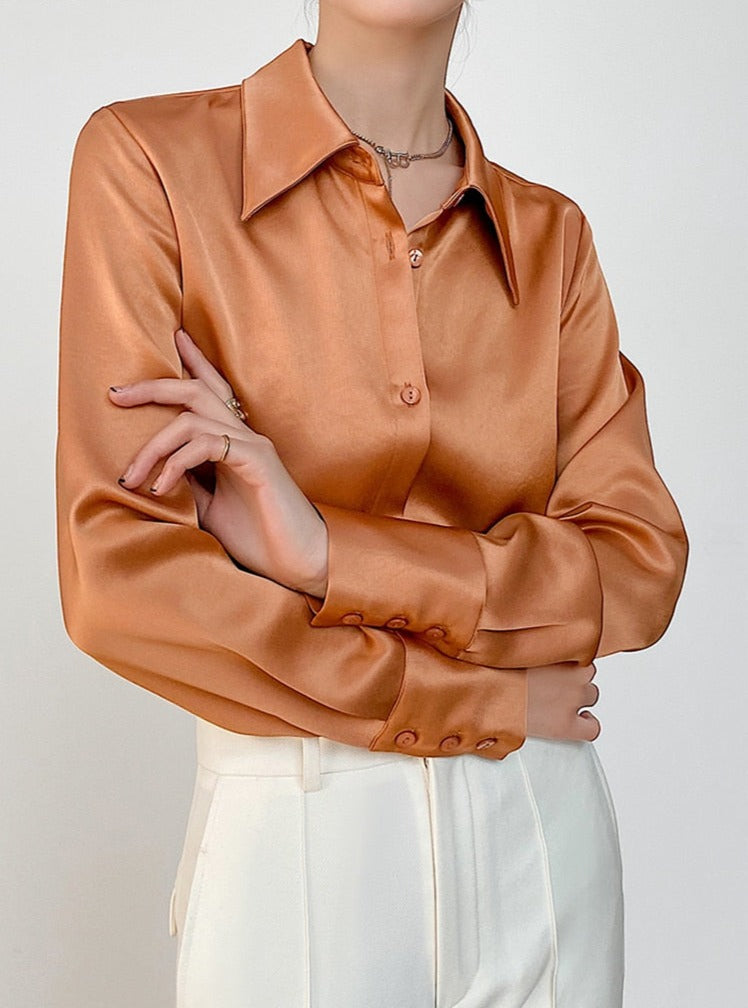 Turn-down Collar Solid Blouses Women Full Sleeve Loose Single-breasted Satin Shirts