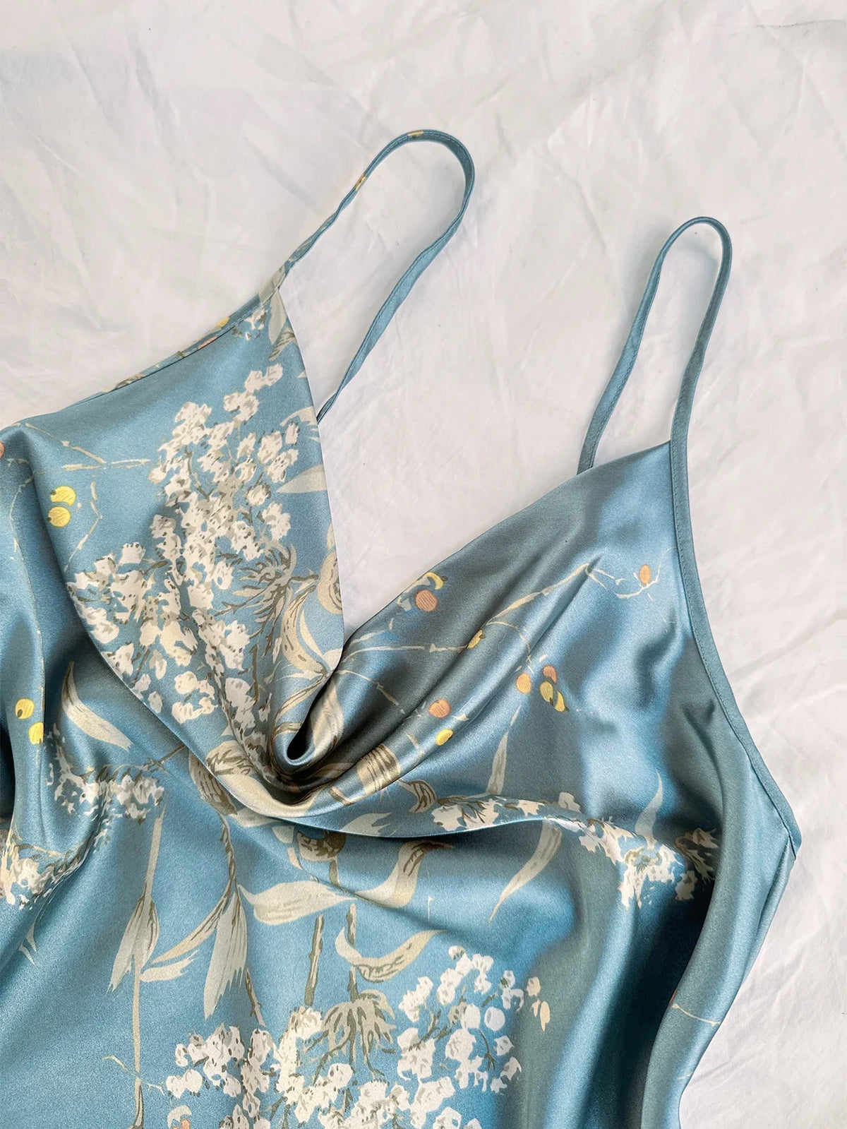 Women Cherry Print Satin Pajama Set Cowl Neck Spaghetti Strap Cami Top Long Pants 2 Piece Elegant Sleepwear Ladies Loungewear