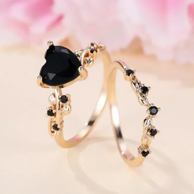 Heart Shaped Ring Set Green Black Red Stone Heart Ring Sets for Women Rose Gold Color White Zircon Wedding Bands Jewelry