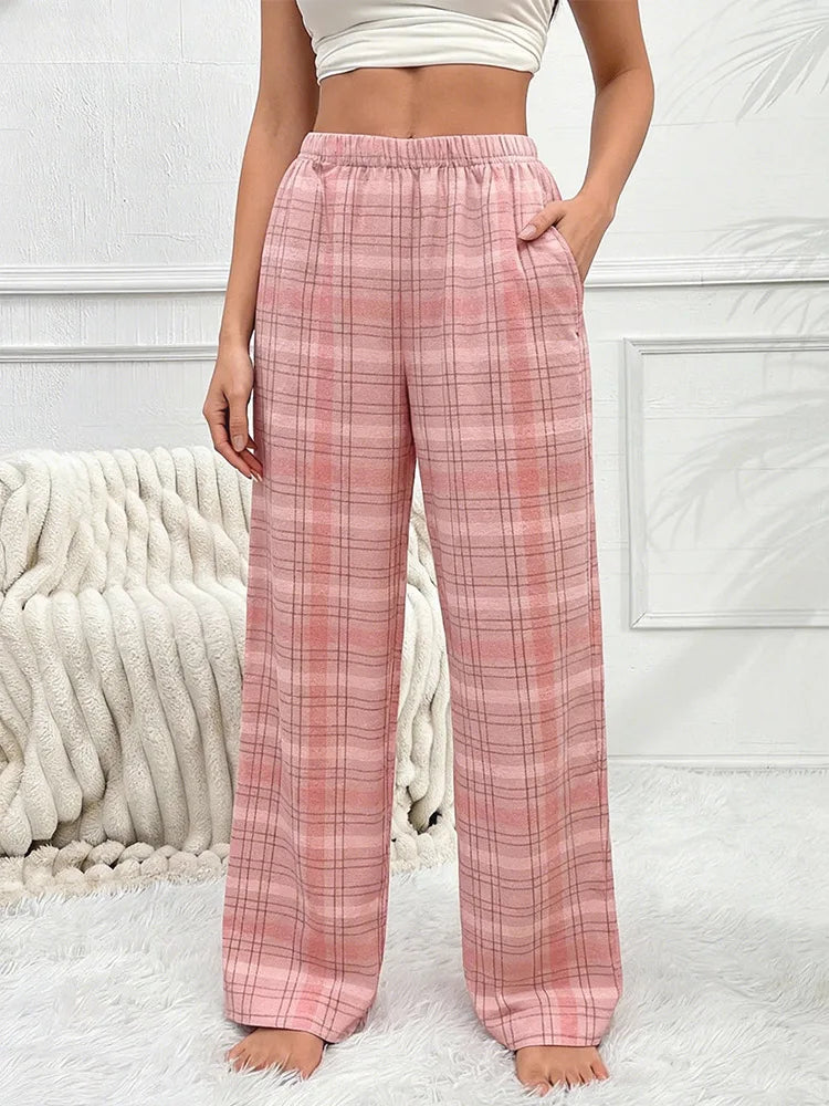 Autumn Winter Pajama Pants for Women Fuzzy Pack Long Fleece Buffalo Plaid Sleep Bottoms Soft Drawstring Lounge Sleepwear