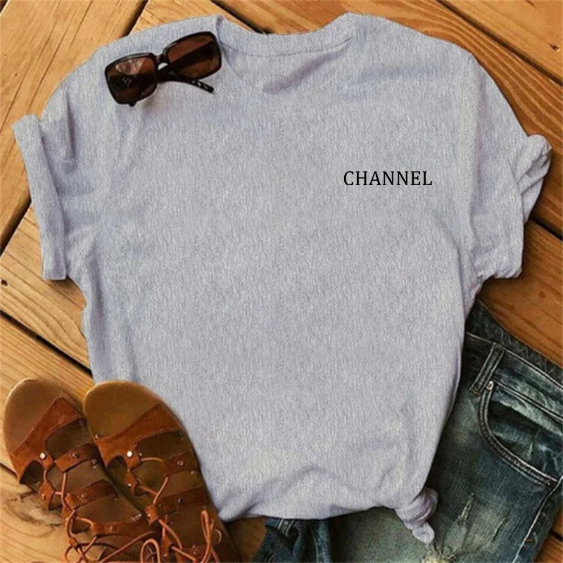 100% pure cotton summer loose-fitting CHANNEL letter print casual fitted round-neck short-sleeve t-shirt top