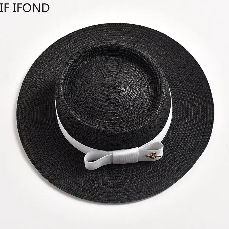 NEW Spring Summer Straw Hats for Women Round Bumpy Surface Flat Top Bowknot Dress Cap Travel Beach Sun Hat Gorra