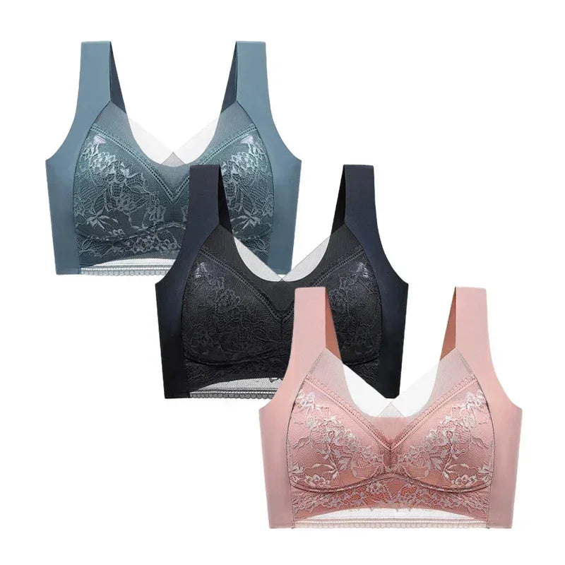 FallSweet 3PCS Lace Push Up Bras for Women Sexy Wireless Bra Ice Silk Deep V Bralette Tops Female Lingerie Mom&