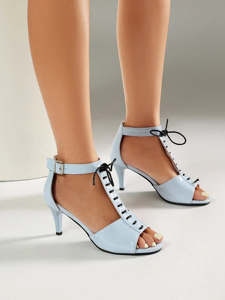T-Shaped Strap High Slim Heel Peep Toe Hollowed Sexy Sandals Smooth Patent Leather Material Ankle Buckle Women&