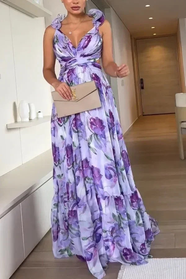 2025 Sexy Printed Chiffon Long Dress Summer Fashion Elegant V Neck Ruffles Edge Slim Vacation Sleeveless Backless Party Dresses