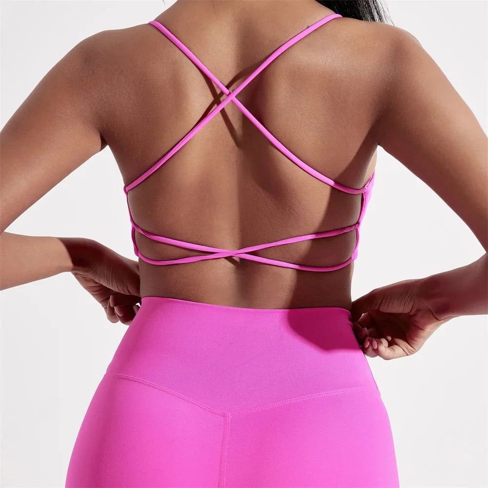 Solid Color cross back Women Fitness Sport bra top soft tight Comprehensive training jogging gym yoga underwear With chest pad