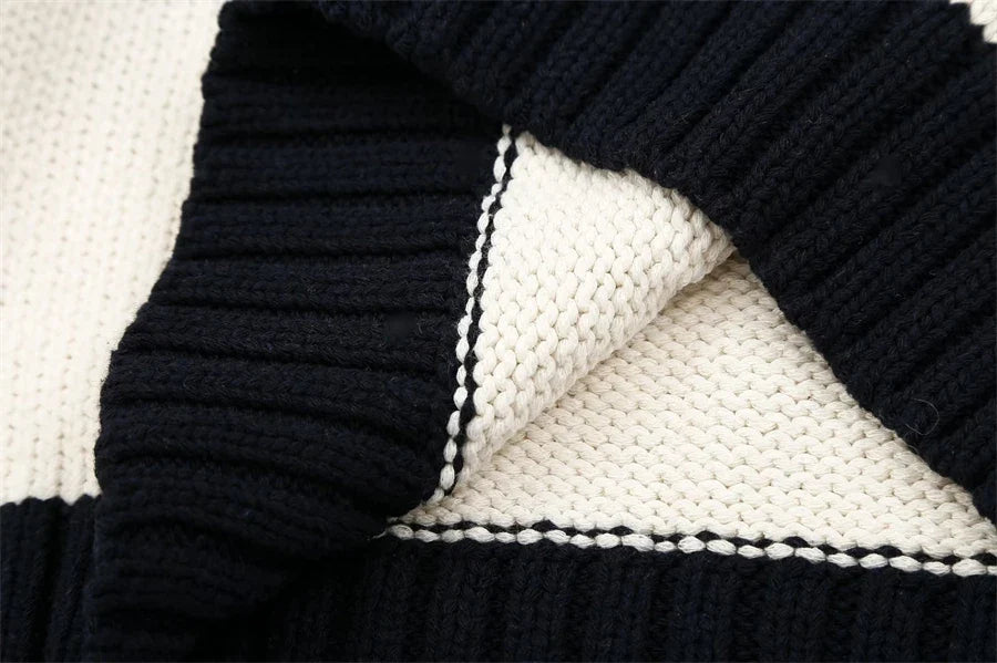 Women Fashion Black Striped Knit Sweater Spring Vintage Polo Neck Long Sleeve Female Pullovers Chic Tops