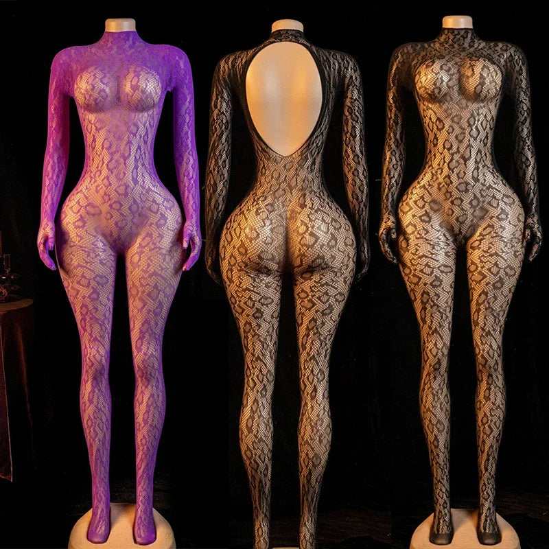 Hot Sexy Lingerie Erotic Crotchless Women Mesh Hollow Bodystockings Full Sleeve Leopard Sling Hanging Neck Underwear Body Suits