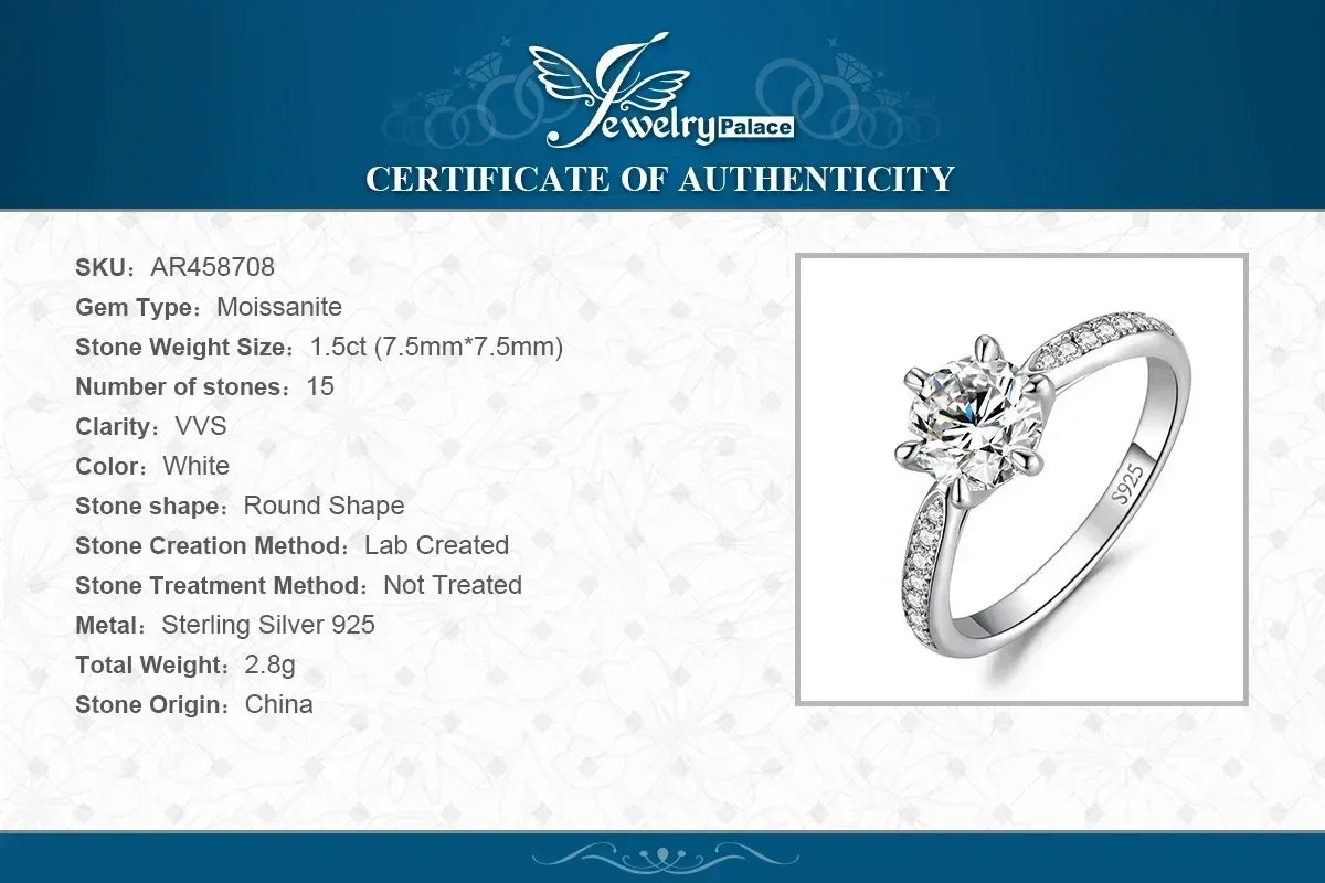 JewelryPalace Moissanite D Color 0.5ct 1ct 1.5ct 2ct 3ct Round S925 Sterling Silver Wedding Engagement Ring for Women