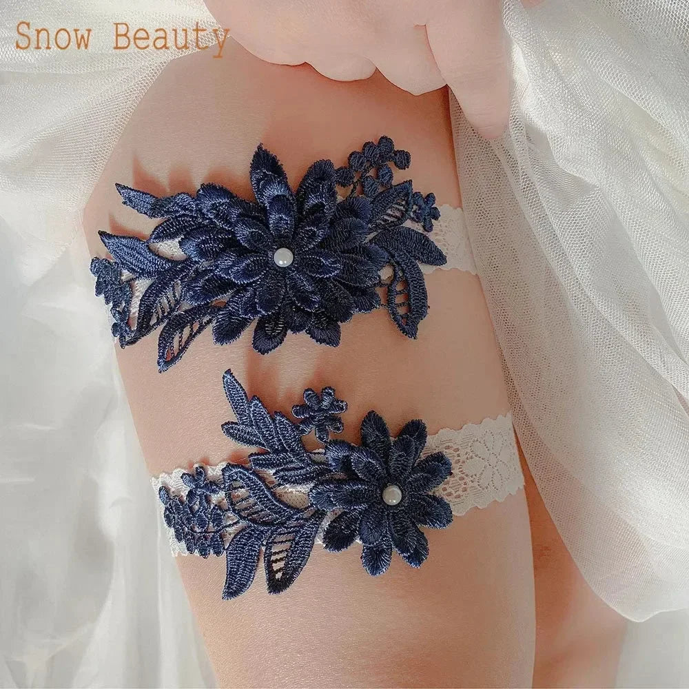 K03 2 PCS Sexy Lace Flower Crystal Pearls Wedding Garter Belt Thigh Ring Bridal Leg Garter Stocking Garter Belt Girl Women