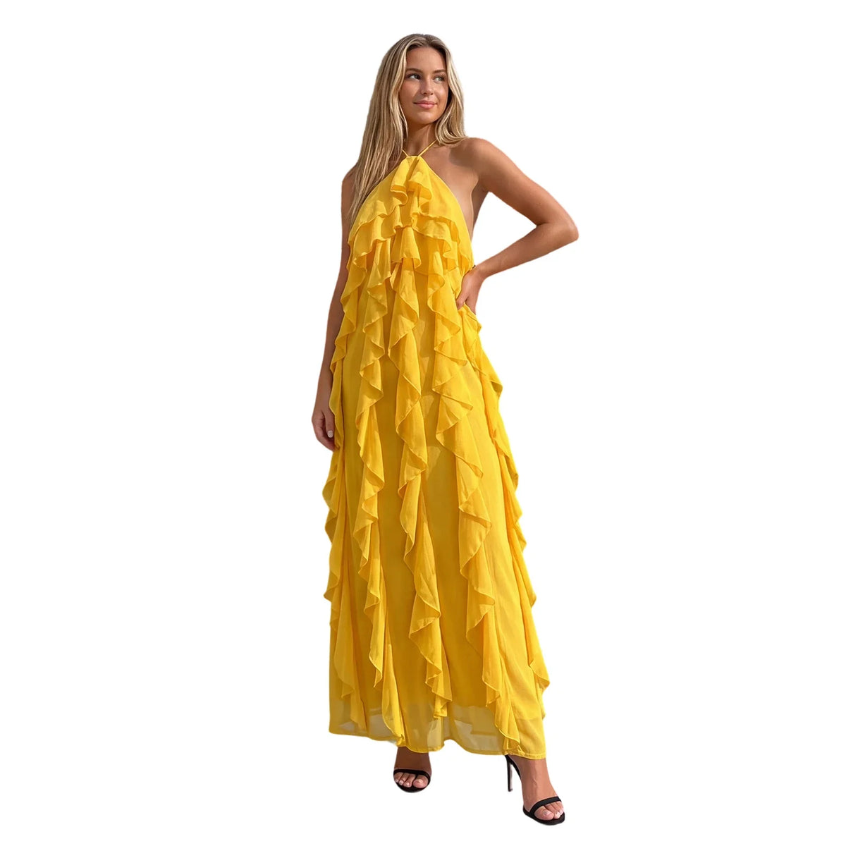 Women Fashionable Backless Sleeveless Ruffle Dresses Summer Holiday Beach Solid Color Halter Long Dress