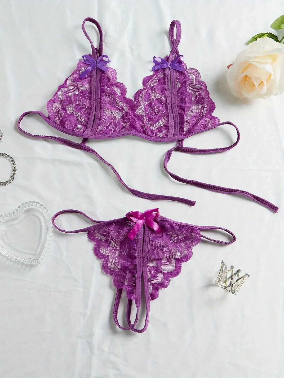 V-Neck Lace Floral Fashion Design Lingerie Set, Couple Date, Halloween, Christmas, Valentine&