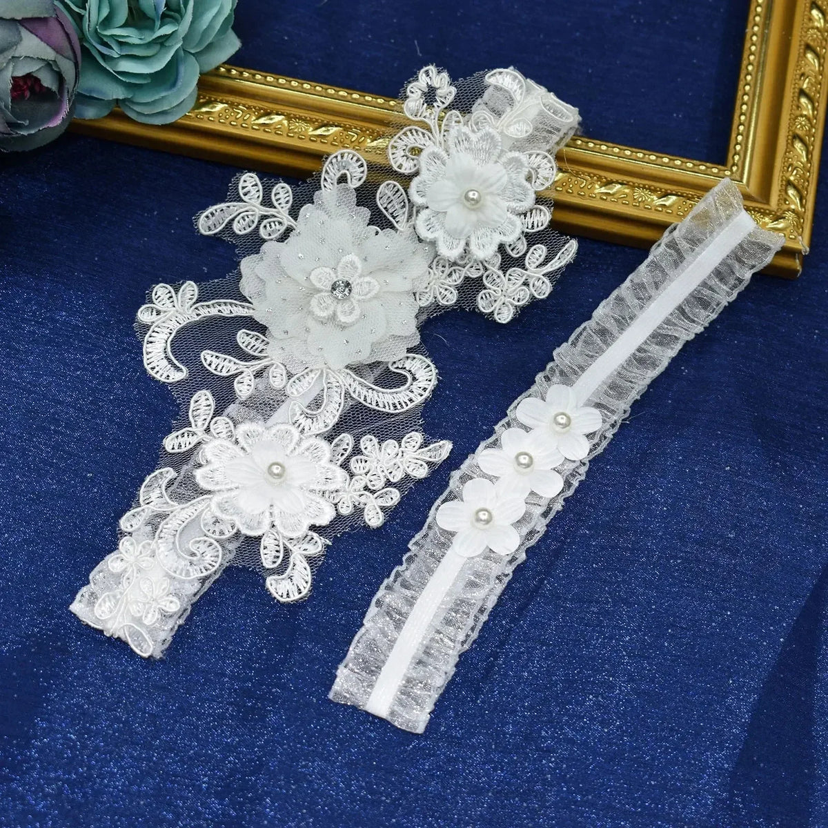 K03 2 PCS Sexy Lace Flower Crystal Pearls Wedding Garter Belt Thigh Ring Bridal Leg Garter Stocking Garter Belt Girl Women
