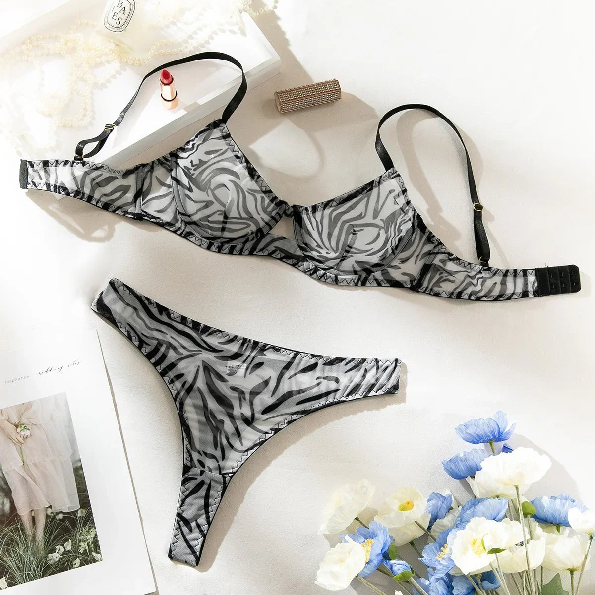 Leopard Printed See Through Bra and Panty Set Women Sexy Lingerie Ultra-thin Transparent Underwear Intimate Sleepwear