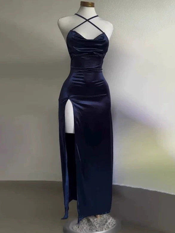 Sexy Hot Girls Slim Spaghetti Strap Long Dresses Women Solid Color Backless Package Hip Bodycon Slit Dress Party Club Vestidos
