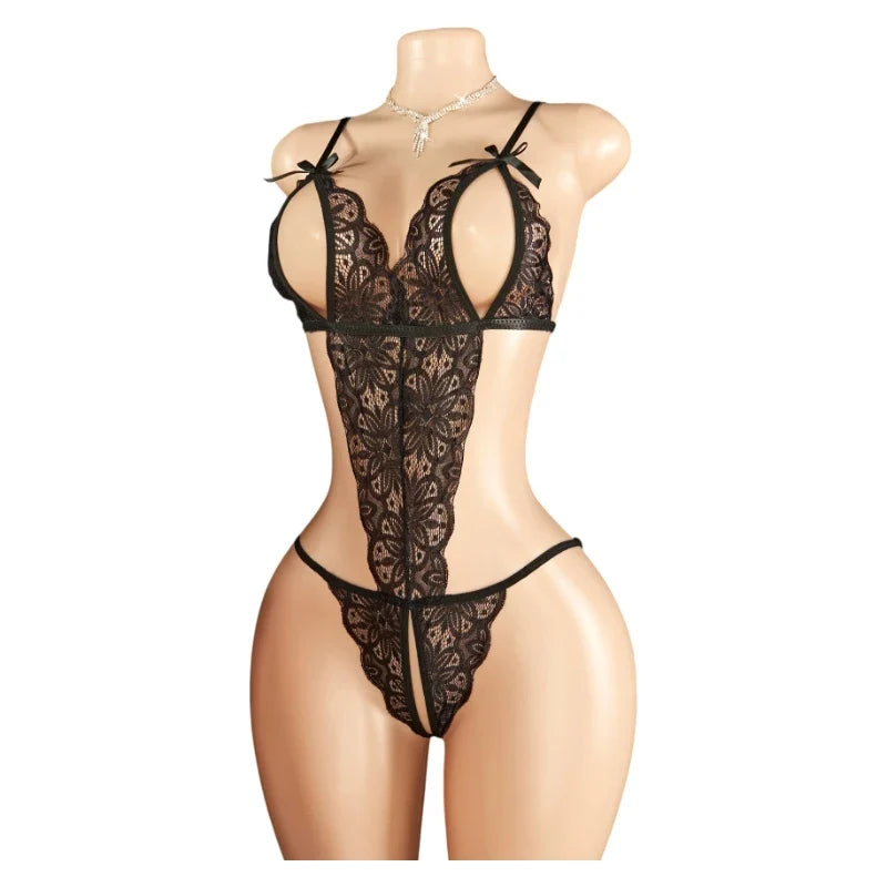 Sexy Red Crotchless Lingerie Open Back Bras BodySuits Transparent Erotic Costumes Deep V Sexy Lace Fishnet Hollow Underwear Set